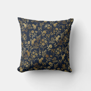 Elegant Goud Bloemen Blauw Botanisch Kussen