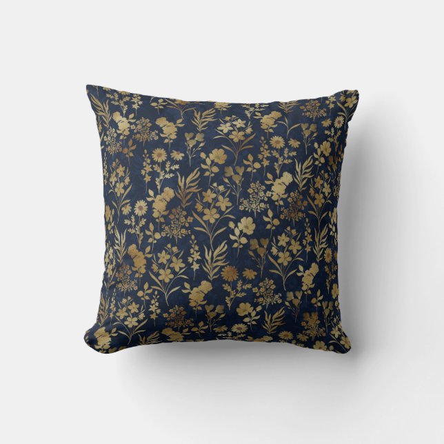 Elegant Goud Bloemen Blauw Botanisch Kussen (Voorkant)