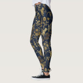 Elegant Goud Bloemen Blauw Botanisch Leggings (Links)