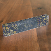 Elegant Goud Bloemen Blauw Botanisch Naambordje (Zijkant)