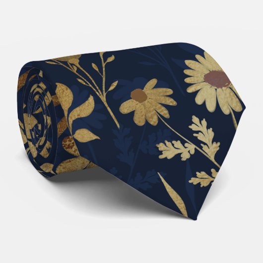 Elegant Goud Bloemen Blauw Botanisch Stropdas (Opgerold)