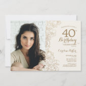 Elegant Goud Bloemen Foto 40e Verjaardag Kaart (Voorkant)