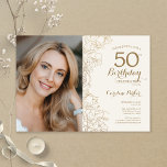 Elegant Goud Bloemen Foto 50e Verjaardag Kaart<br><div class="desc">Goud en ivoor crème bloemenfeest 50e verjaardag uitnodiging met uw foto op de voorkant van de kaart. Minimalistisch modern design met botanische contourtekenaccenten, faux gouden folie en typografie script lettertype. Eenvoudige trendy uitnodigingskaart perfect voor een stijlvol vrouwen dagfeest. Kan worden aangepast aan elke leeftijd. Gedrukte Zazzle-uitnodigingen of direct download digitale...</div>