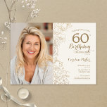 Elegant Goud Bloemen Foto 60e Verjaardag Kaart<br><div class="desc">Goud en ivoor crème bloemmotief 60e verjaardag feestuitnodiging met uw foto op de voorkant van de kaart. Minimalistisch modern design met botanische contourtekenaccenten, faux gouden folie en typografie script lettertype. Eenvoudige trendy uitnodigingskaart perfect voor een stijlvol vrouwen dagfeest. Kan worden aangepast aan elke leeftijd. Gedrukte Zazzle-uitnodigingen of direct download digitale...</div>