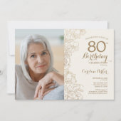 Elegant Goud Bloemen Foto 80e Verjaardag Kaart (Voorkant)