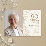Elegant Goud Bloemen Foto 90e Verjaardag Kaart<br><div class="desc">Goud en crème bloemige 90e verjaardagsfeestuitnodiging met je foto op de voorkant van de kaart. Minimalistisch modern design met botanische contourtekenaccenten, faux gouden folie en typografie script lettertype. Eenvoudige trendy uitnodigingskaart perfect voor een stijlvol vrouwen dagfeest. Kan worden aangepast aan elke leeftijd. Gedrukte Zazzle-uitnodigingen of direct download digitale afdrukbare sjabloon....</div>