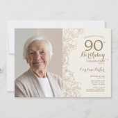 Elegant Goud Bloemen Foto 90e Verjaardag Kaart (Voorkant)