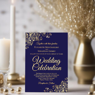 Elegant Goud Bloemen Frills Donker Marine Blauw Br Folie Uitnodiging