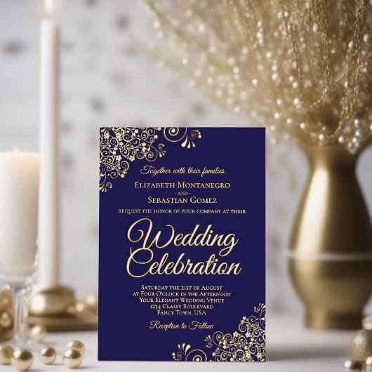 Elegant Goud Bloemen Frills Donker Marine Blauw Br Folie Uitnodiging