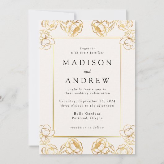 Elegant Goud Bloemen Lijst Bruiloft Kaart (Voorkant)
