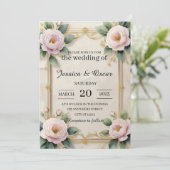 Elegant Goud Bloemen Lijst Bruiloft Kaart (Staand voorkant)