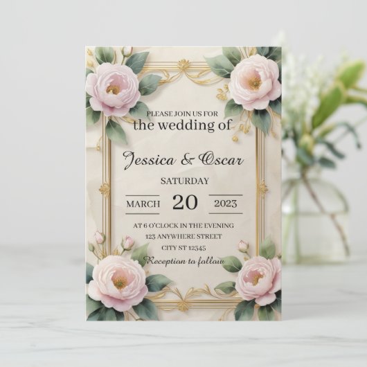 Elegant Goud Bloemen Lijst Bruiloft Kaart (Staand voorkant)