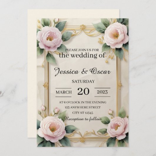 Elegant Goud Bloemen Lijst Bruiloft Kaart (Voorkant / Achterkant)