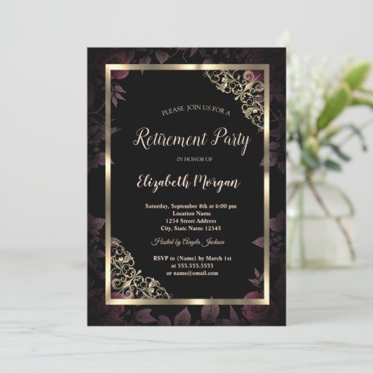 Elegant Goud Bloemen Lijst Donker Bloemen Pensione Kaart (Staand voorkant)