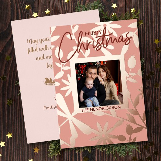 Elegant Goud Bloemen Lijst Kerstmis Foto Folie Feestdagenkaart