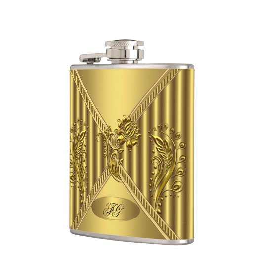 Elegant Goud Bloemen Metalen look Monogram Naam Heupfles (Links)