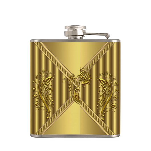 Elegant Goud Bloemen Metalen look Monogram Naam Heupfles (Achterkant)