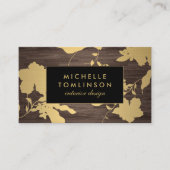 Elegant Goud Bloemen Patroon Donker Hout Designer Visitekaartje (Voorkant)