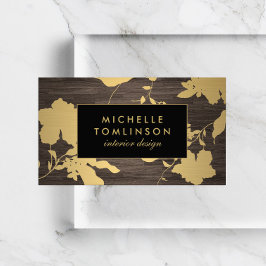 Elegant Goud Bloemen Patroon Donker Hout Designer Visitekaartje