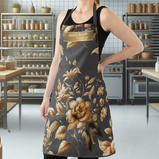 Elegant Goud Bloemen Patroon Donkergrijze Bakkerij Schort