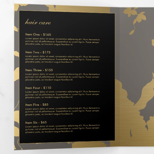 Elegant Goud Bloemen Patroon Grijs Salon Brochure Drieluik Kaart (Binnenzijde eerst)
