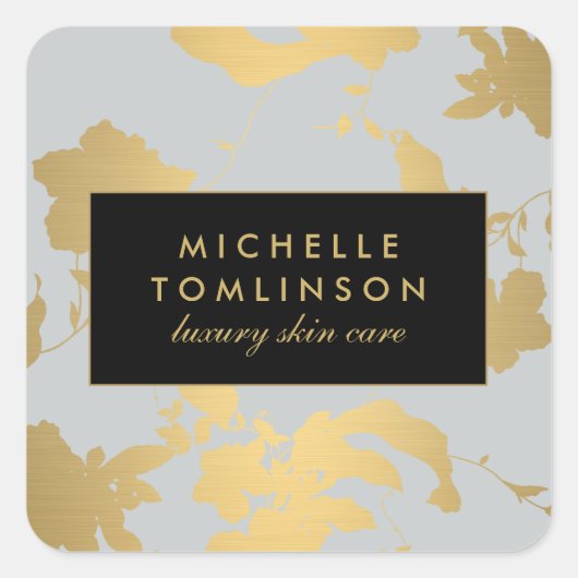 Elegant Goud Bloemen Patroon Lichtgrijs Vierkante Sticker (Voorkant)