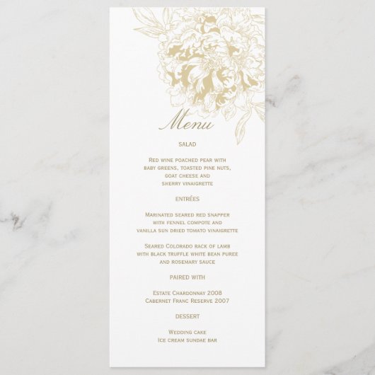 Elegant Goud Bloemen Pioen Bruiloft Menu (Voorkant)