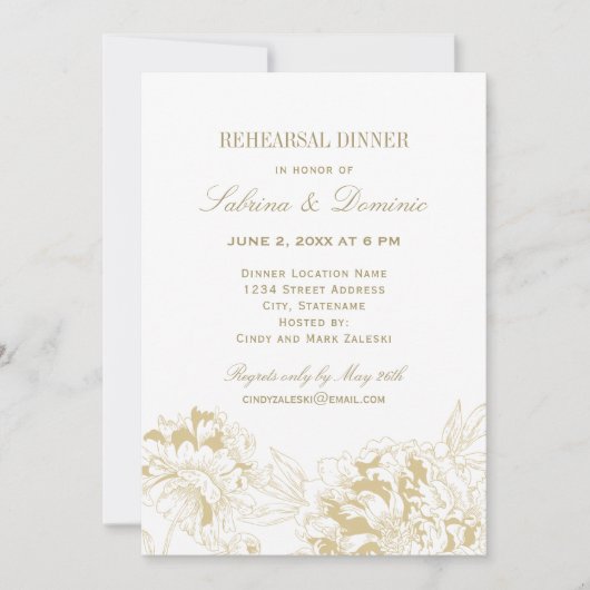 Elegant Goud Bloemen Pioen Bruiloft Repetitie Dine Kaart (Voorkant)