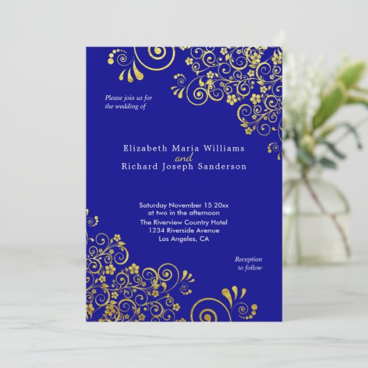 Elegant Goud Bloemen Swirls Marine Blauw Bruiloft Kaart (Staand voorkant)