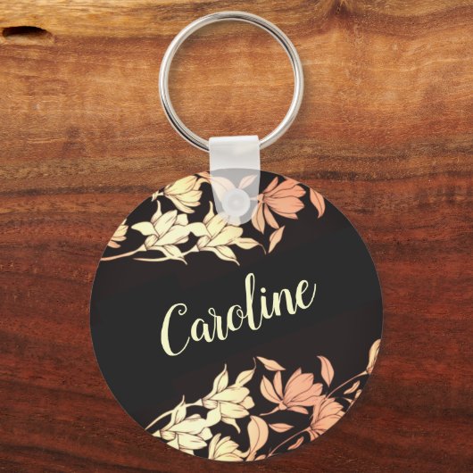 Elegant Goud Bloemen Tulp Bloemen Gouden Zwart Sleutelhanger (Voorkant)