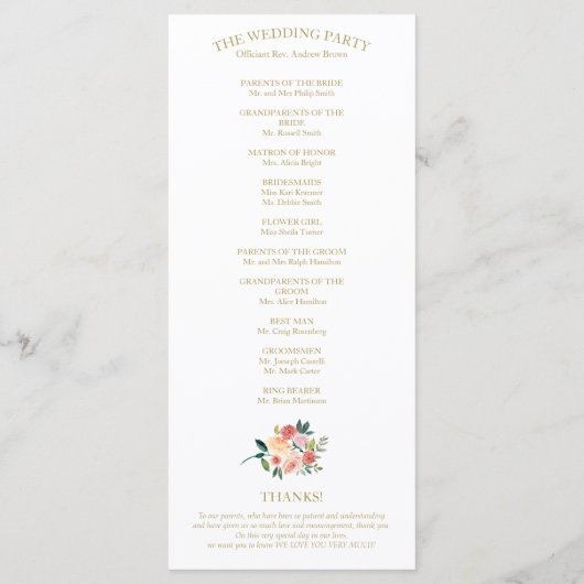 Elegant Goud Bloemen Waterverf Trouwprogramma 4x9 Programmakaart (Achterkant)