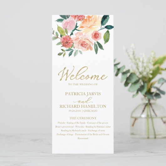 Elegant Goud Bloemen Waterverf Trouwprogramma 4x9 Programmakaart (Staand voorkant)