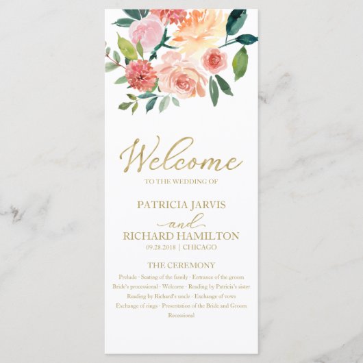 Elegant Goud Bloemen Waterverf Trouwprogramma 4x9 Programmakaart (Voorkant)