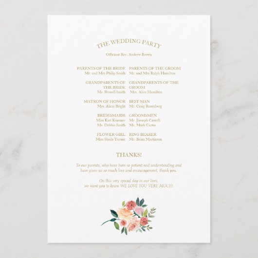 Elegant Goud Bloemen Waterverf Trouwprogramma Programmakaart (Achterkant)