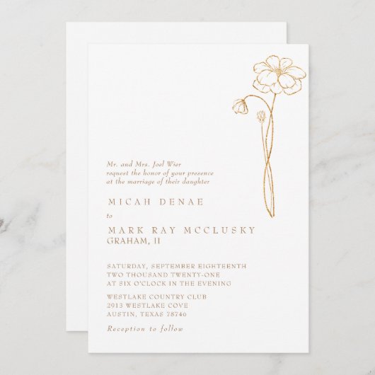 Elegant Goud Bloemen Wit Bruiloft Kaart (Voorkant / Achterkant)