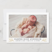 Elegant goud bloemengroen baby meisje foto geboort aankondiging (Voorkant)