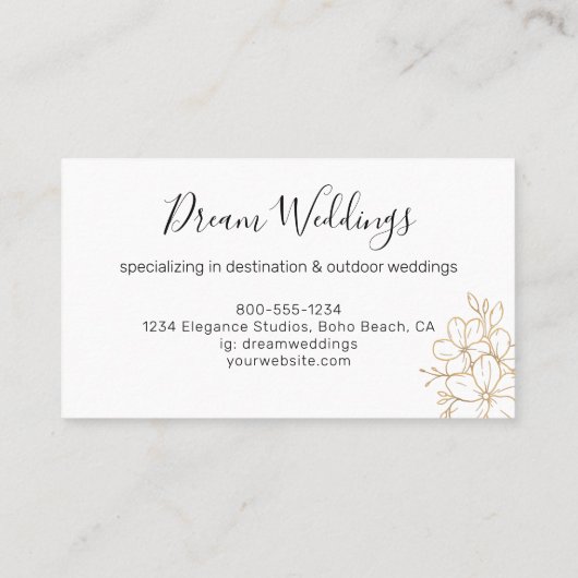 Elegant Goud Bloemenlijn Tekening Bruiloft Planner Visitekaartje (Achterkant)