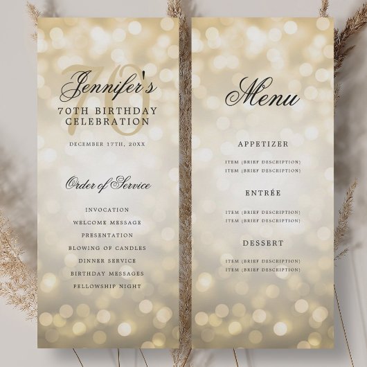 Elegant Goud Bokeh 70ste Verjaardagsprogramma met  Kaart