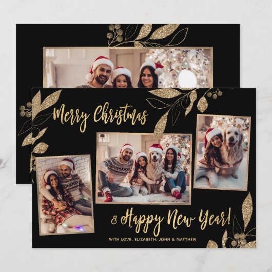 Elegant Goud Botanisch 3 Fotocollage Kerstmis (Voorkant / Achterkant)