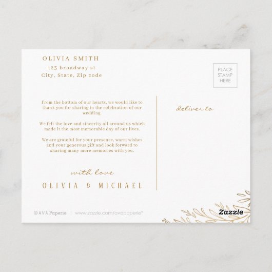 Elegant goud botanische foliefoto bedankt briefkaart (Achterkant)