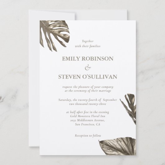 Elegant Goud Botanische Monstera Verlaat Bruiloft Kaart (Voorkant)