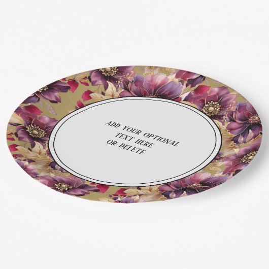 Elegant Goud Bourgogne Bloemen patroon rand Papieren Bordje (Gekanteld)