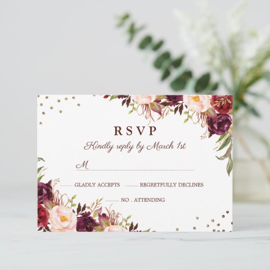 Elegant Goud Bourgogne Bloemen RSVP (Staand voorkant)
