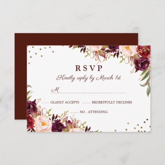 Elegant Goud Bourgogne Bloemen RSVP (Voorkant / Achterkant)