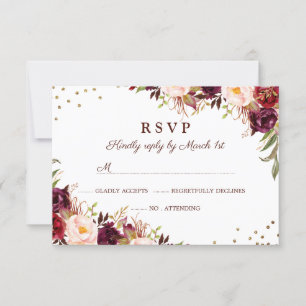 Elegant Goud Bourgogne Bloemen RSVP Kaartje