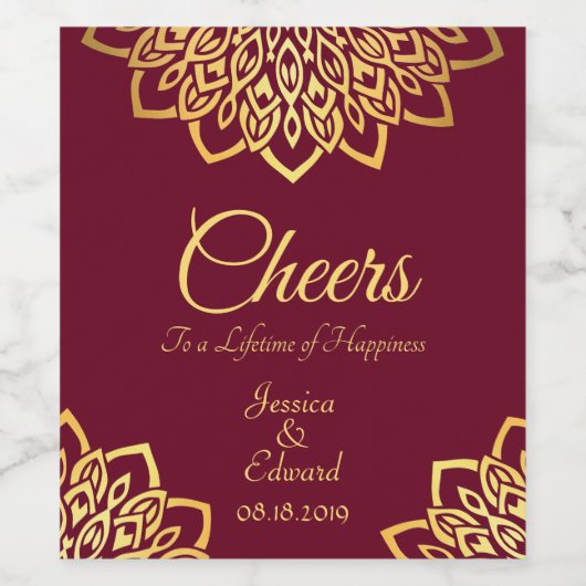 Elegant Goud Bourgogne Bruiloft Wijn Etiket (Enkel label)