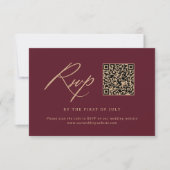 Elegant Goud Bourgogne Kalligrafie Bruiloft QR-cod RSVP Kaartje (Voorkant)