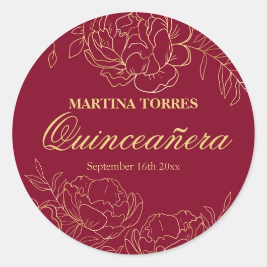 Elegant Goud Bourgogne Rode Bloemen Quinceanera Ronde Sticker (Voorkant)