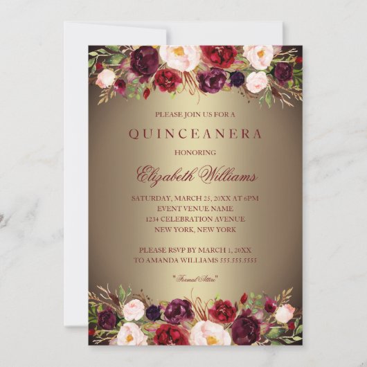 Elegant Goud Bourgogne Roos Quinceanera Invite Kaart (Voorkant)