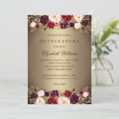 Elegant Goud Bourgogne Roos Quinceanera Invite Kaart (Staand voorkant)